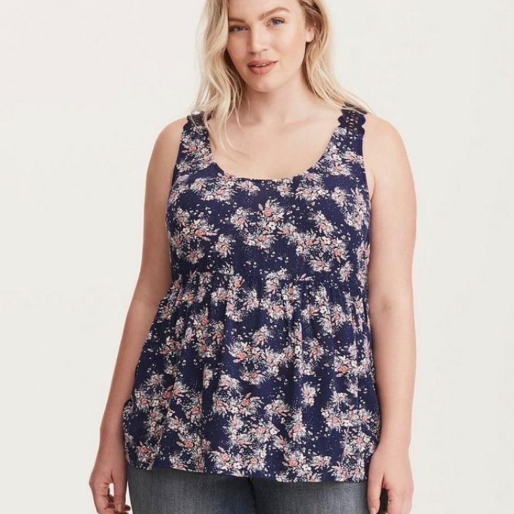 Torrid Navy Floral Crochet Trim Babydoll Tank Top